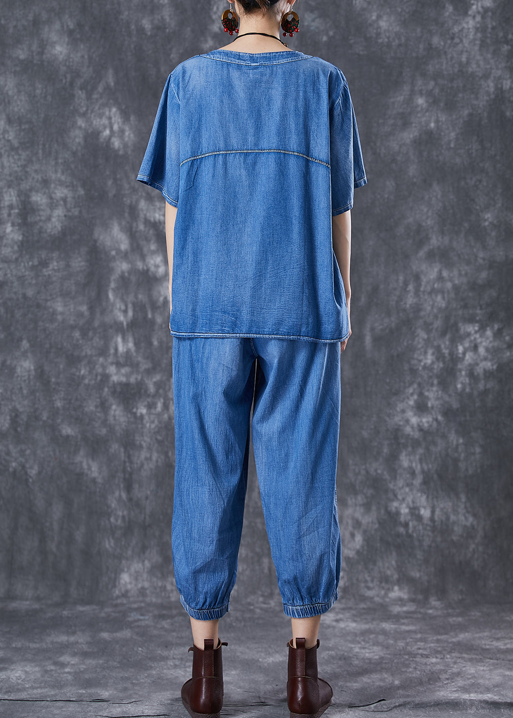 Blue Oversized Patchwork Pockets Denim Two Pieces Set Summer