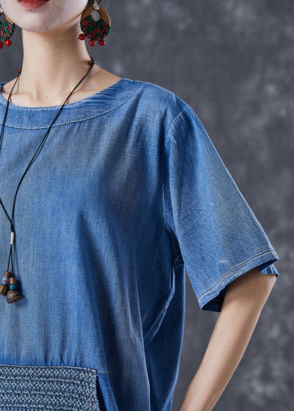 Blue Oversized Patchwork Pockets Denim Two Pieces Set Summer