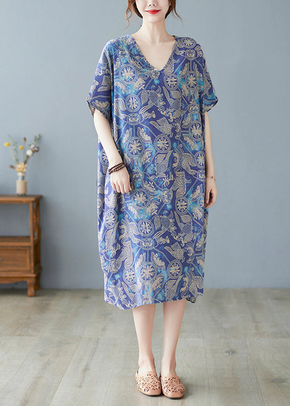 Blue Oversized Print Cotton Beach Dress Summer