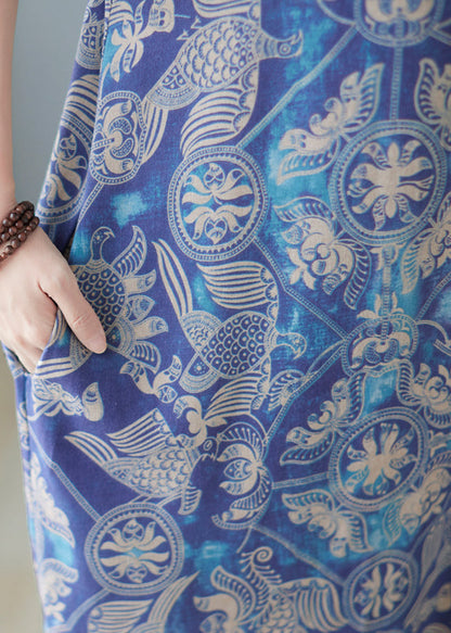 Blue Oversized Print Cotton Beach Dress Summer