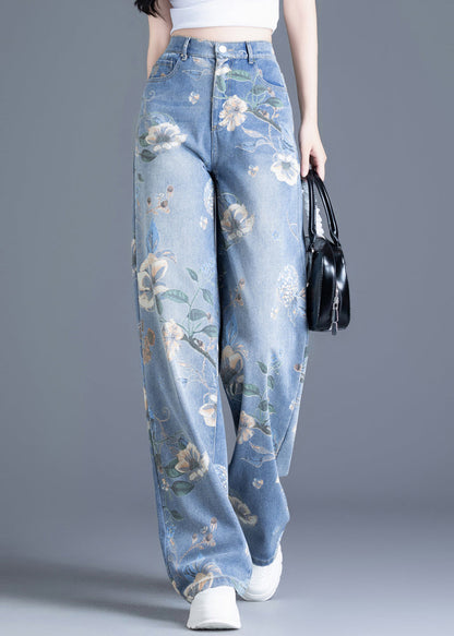 Blue Oversized Print Denim Straight Pants Spring
