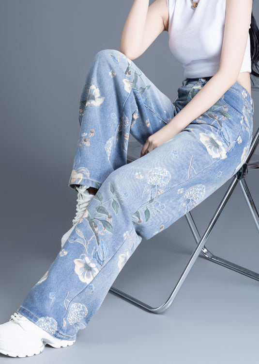 Blue Oversized Print Denim Straight Pants Spring