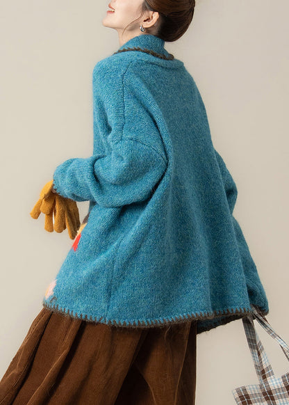 Blue Oversized Print Knit Loose Jacket Winter