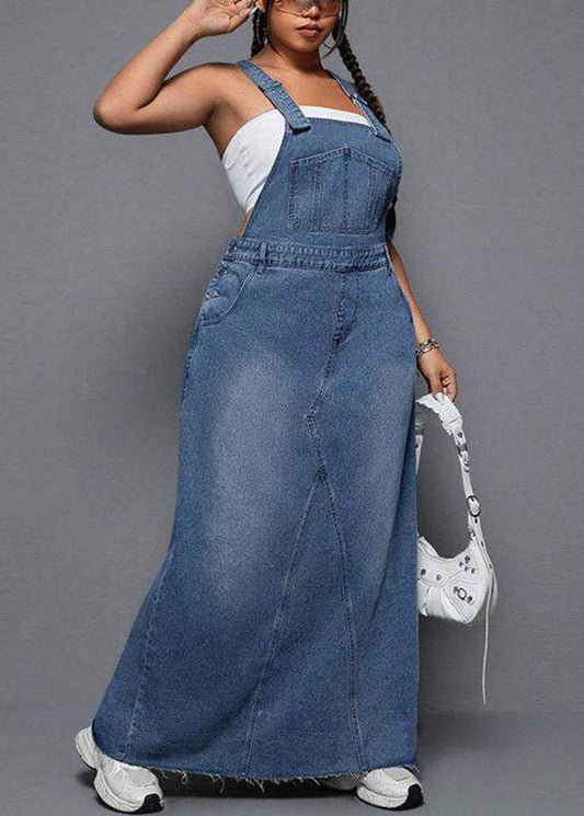 Blue Patchwork Pockets Denim Long Spaghetti Strap Dress Summer