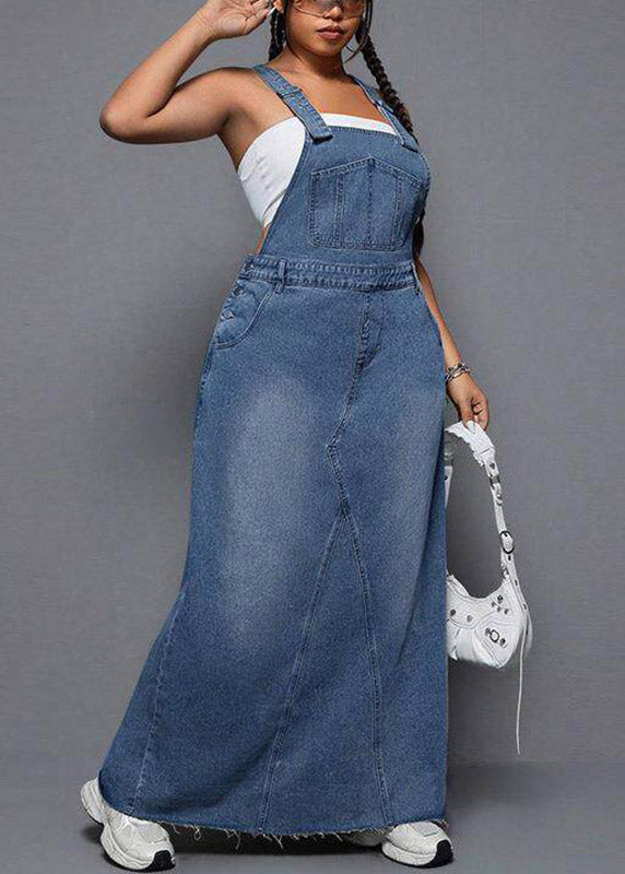 Blue Patchwork Pockets Denim Long Spaghetti Strap Dress Summer