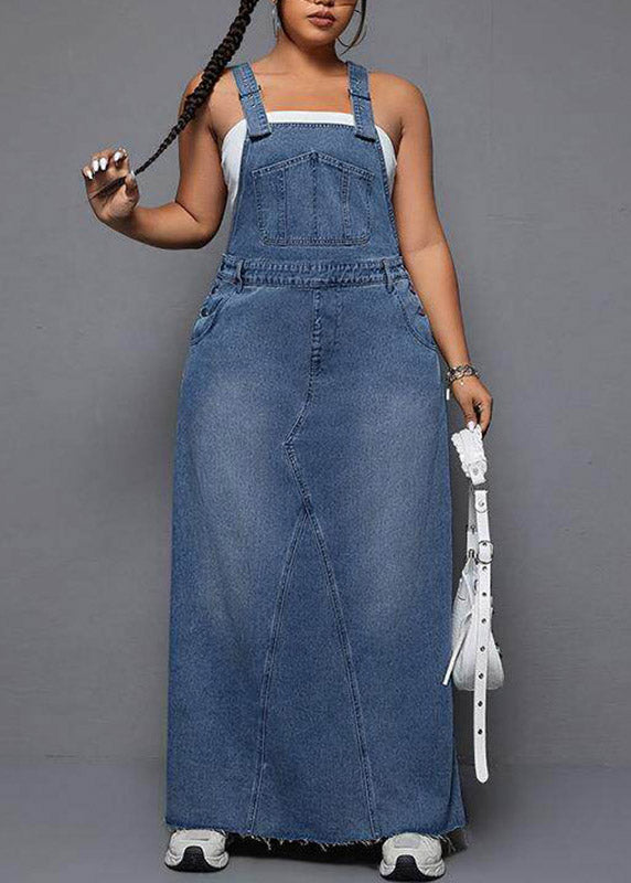 Blue Patchwork Pockets Denim Long Spaghetti Strap Dress Summer