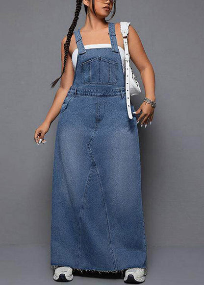 Blue Patchwork Pockets Denim Long Spaghetti Strap Dress Summer