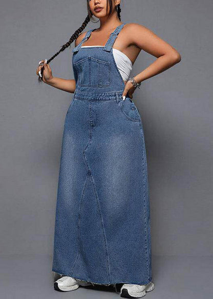 Blue Patchwork Pockets Denim Long Spaghetti Strap Dress Summer