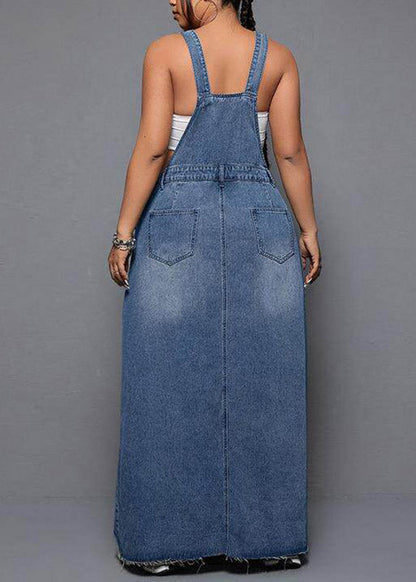 Blue Patchwork Pockets Denim Long Spaghetti Strap Dress Summer
