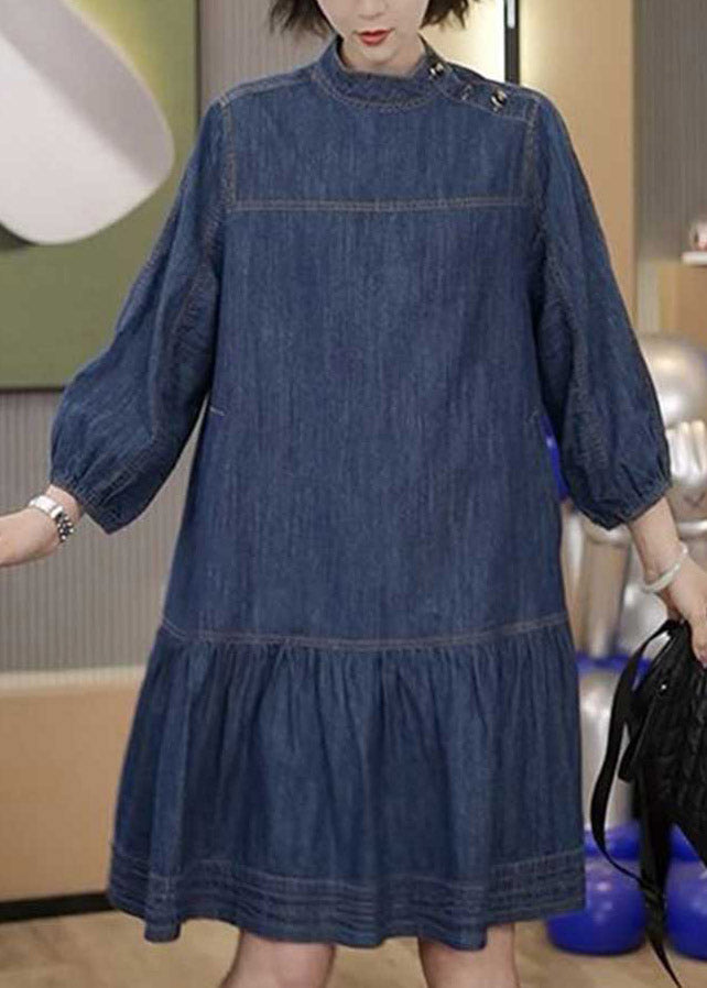 Blue Patchwork Wrinkled Denim Mid Dresses Long Sleeve
