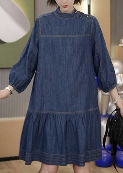 Blue Patchwork Wrinkled Denim Mid Dresses Long Sleeve