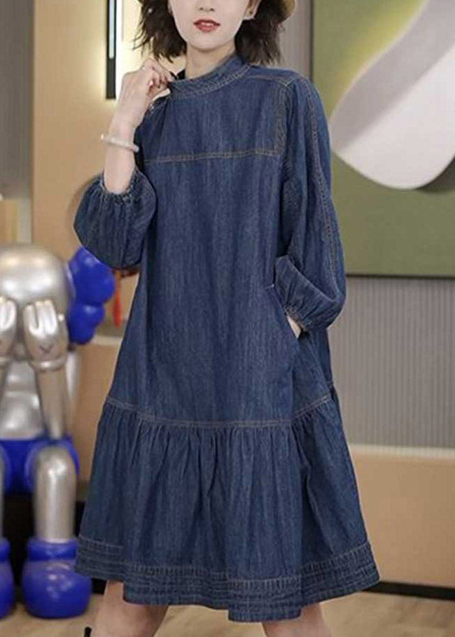 Blue Patchwork Wrinkled Denim Mid Dresses Long Sleeve