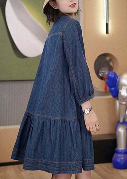 Blue Patchwork Wrinkled Denim Mid Dresses Long Sleeve