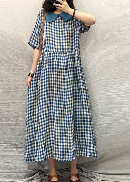 Blue Peter Pan Collar Plaid Linen Dresses Summer