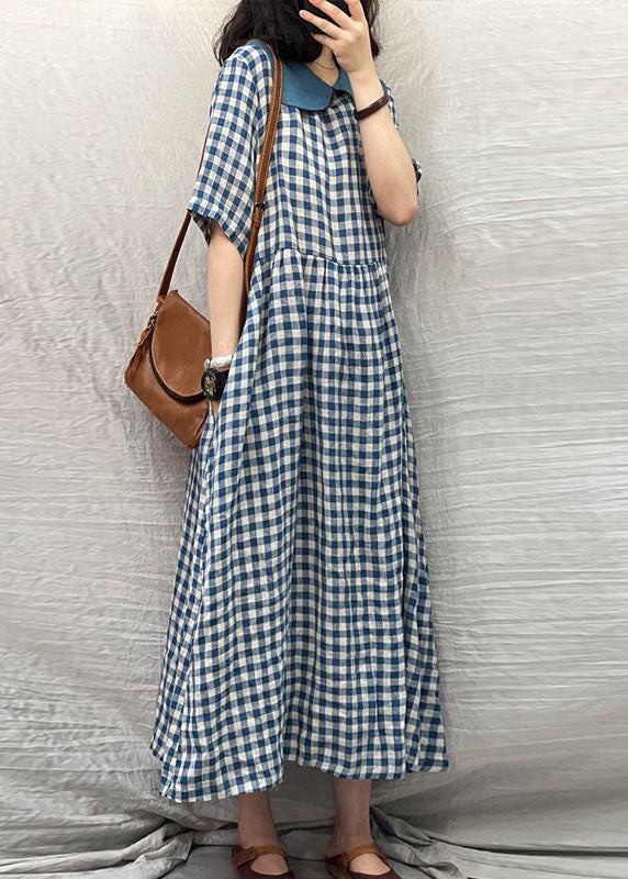 Blue Peter Pan Collar Plaid Linen Dresses Summer