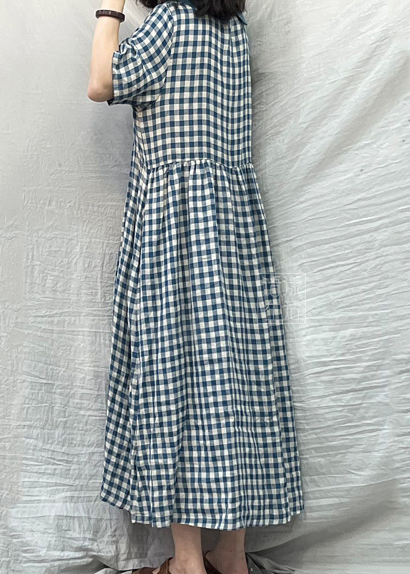 Blue Peter Pan Collar Plaid Linen Dresses Summer