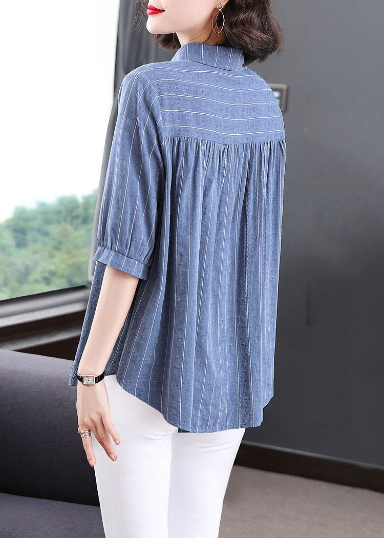 Blue Peter Pan Collar Striped Patchwork Cotton Shirt Tops Summer