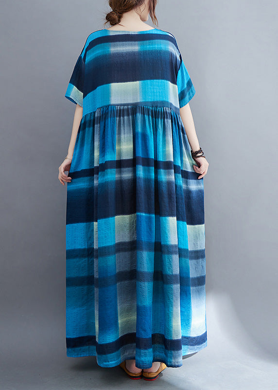 Blue Plaid O-neck Patchwork Maxi Dresses Summer