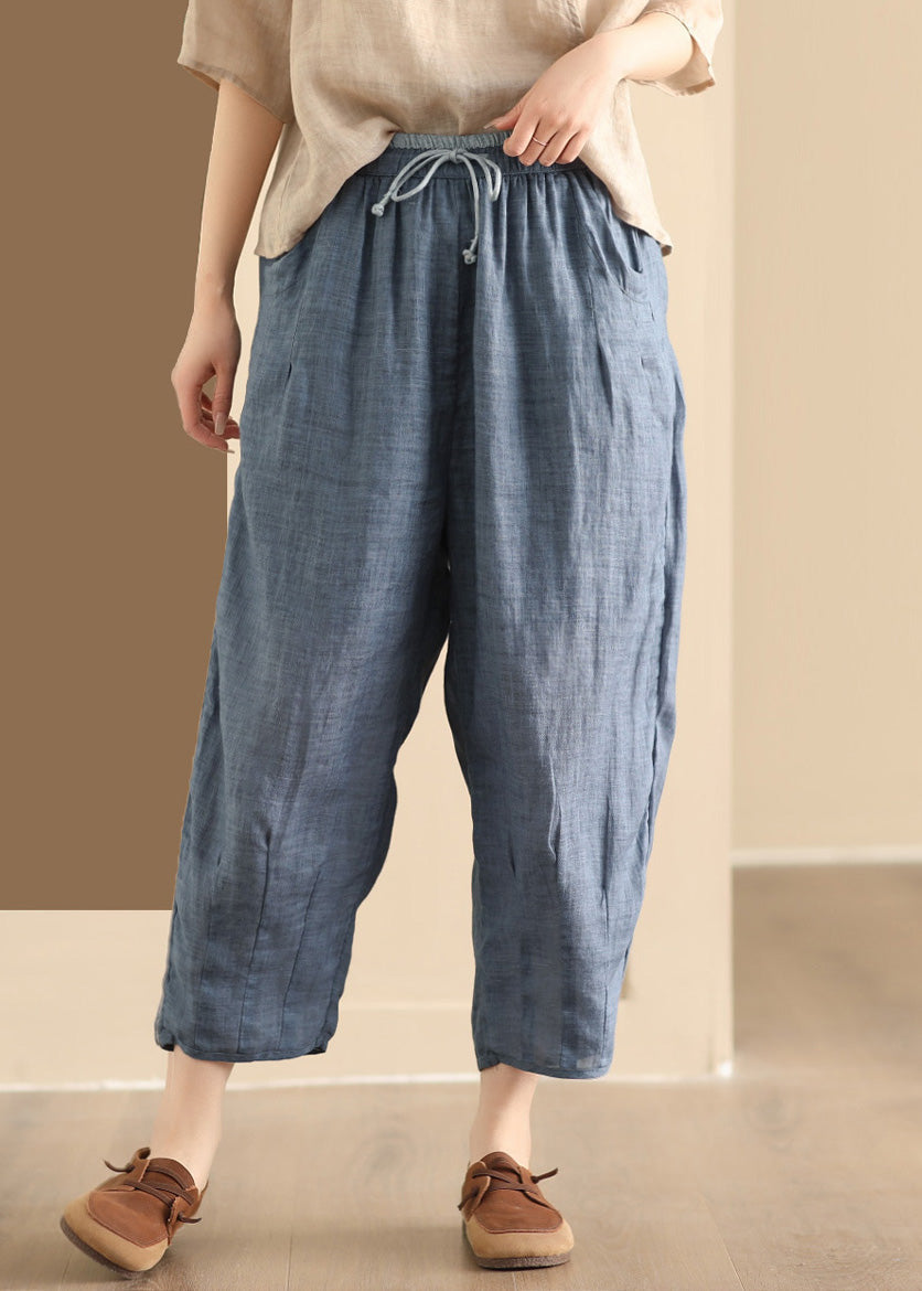 Blue Pockets Elastic Waist Linen Harem Pants Summer