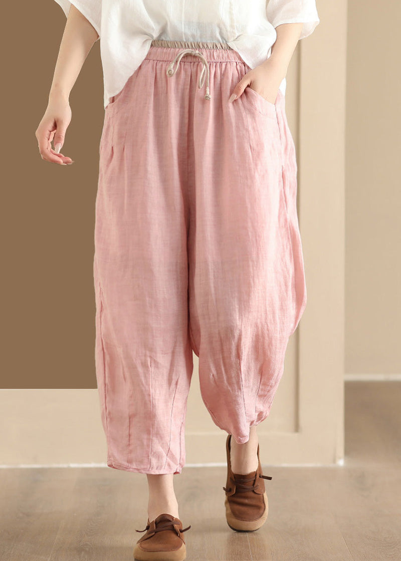 Blue Pockets Elastic Waist Linen Harem Pants Summer