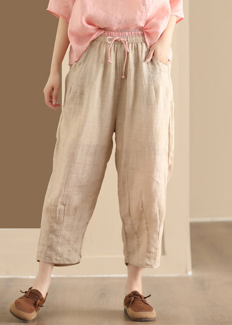 Blue Pockets Elastic Waist Linen Harem Pants Summer