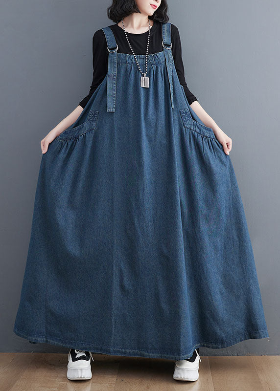 Blue Pockets Patchwork Denim Spaghetti Strap Dress Sleeveless