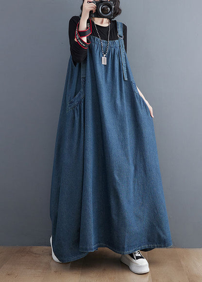 Blue Pockets Patchwork Denim Spaghetti Strap Dress Sleeveless