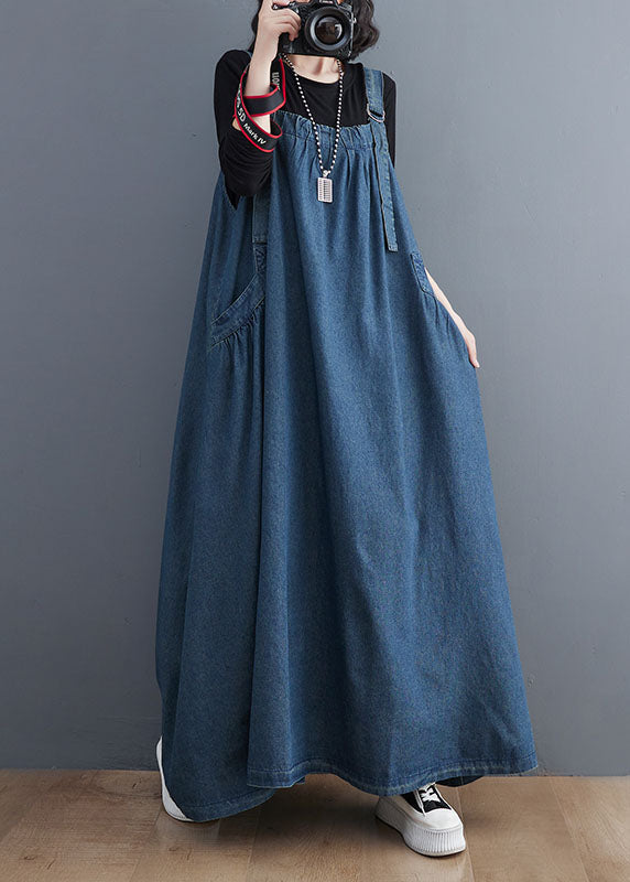 Blue Pockets Patchwork Denim Spaghetti Strap Dress Sleeveless