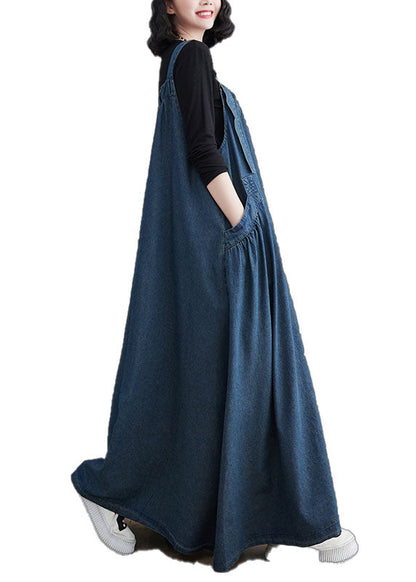 Blue Pockets Patchwork Denim Spaghetti Strap Dress Sleeveless