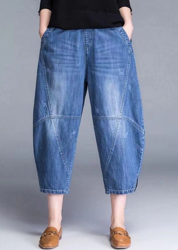 Blue Pockets Patchwork Lantern Fall Denim Pants
