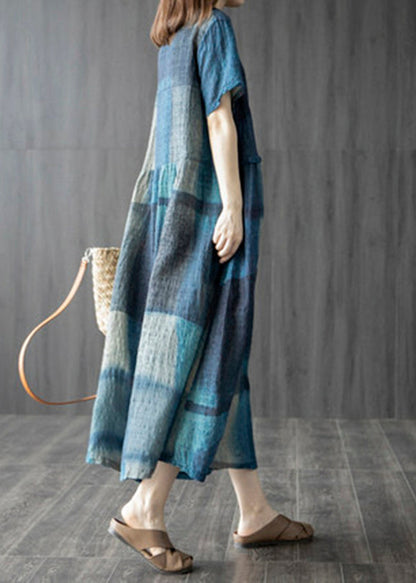 Blue Pockets V Neck Plaid Linen Vacation Dresses Short Sleeve