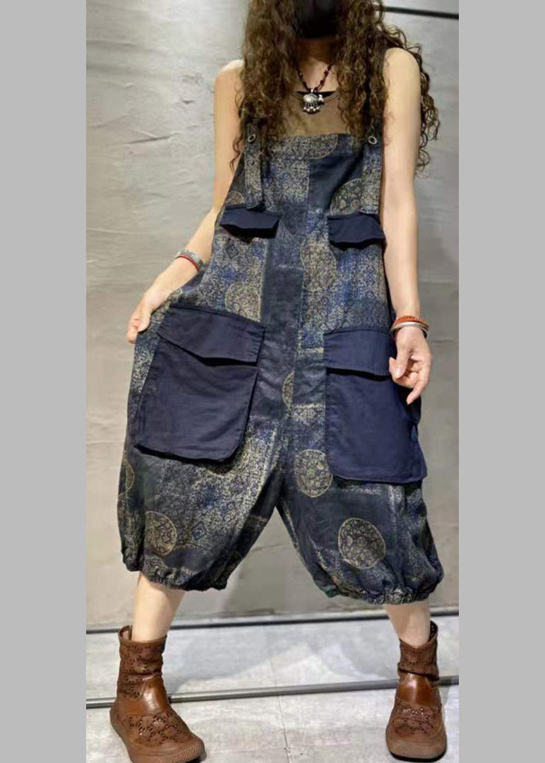 Blue Print Oversized Pockets Patchwork Cotton Denim Jumpsuit Summer