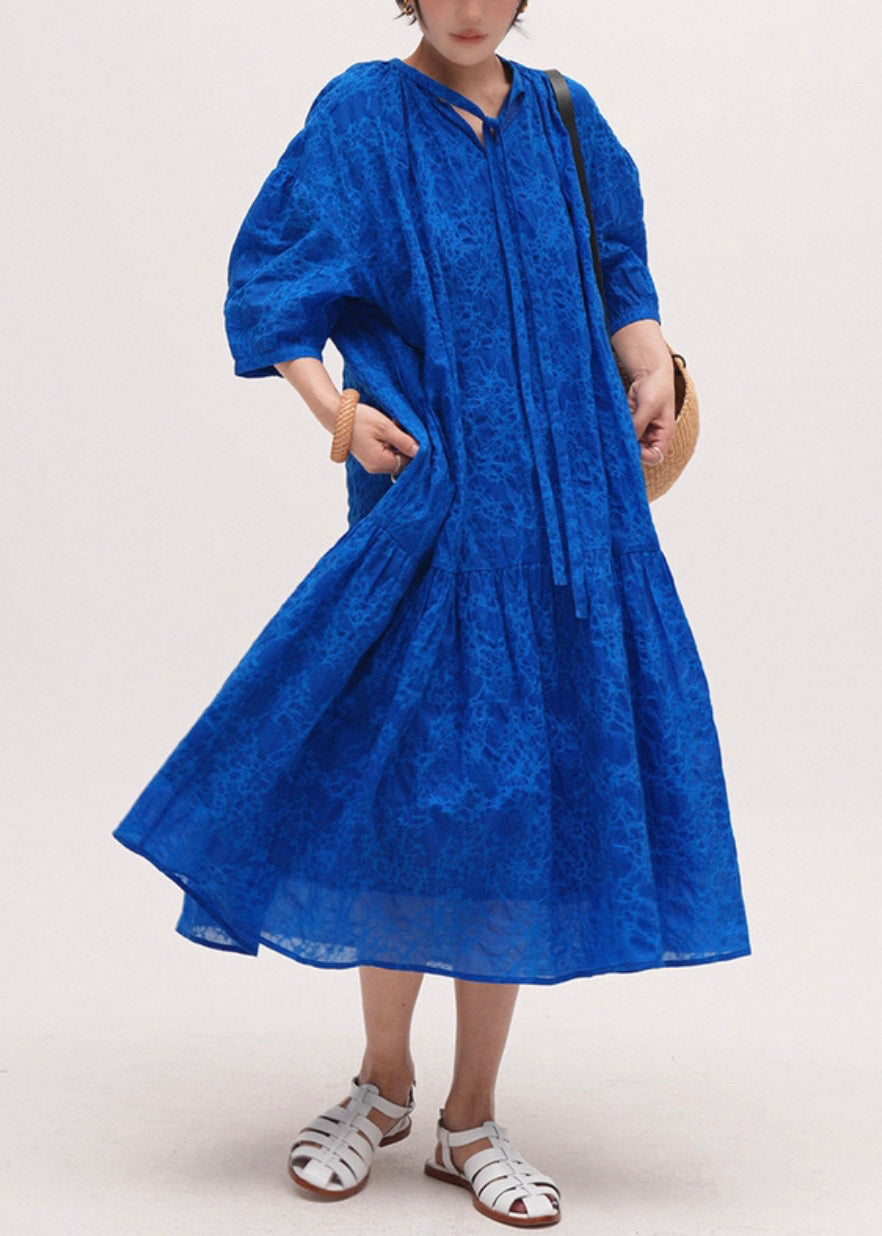 Blue Print Pockets Lace Up Cotton Long Dresses Half Sleeve