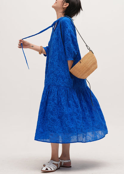 Blue Print Pockets Lace Up Cotton Long Dresses Half Sleeve