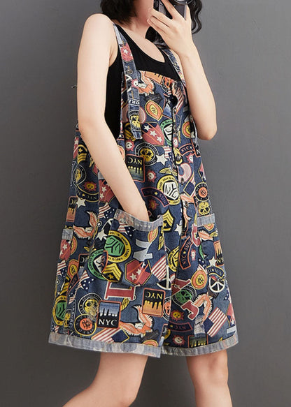 Blue Print Pockets Patchwork Denim Shorts Jumpsuit Summer