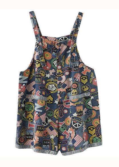 Blue Print Pockets Patchwork Denim Shorts Jumpsuit Summer