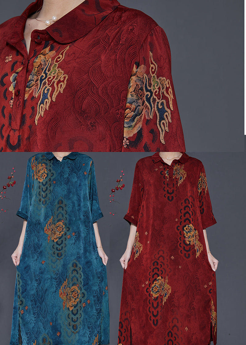 Blue Print Side Open Silk a Line Dress Summer