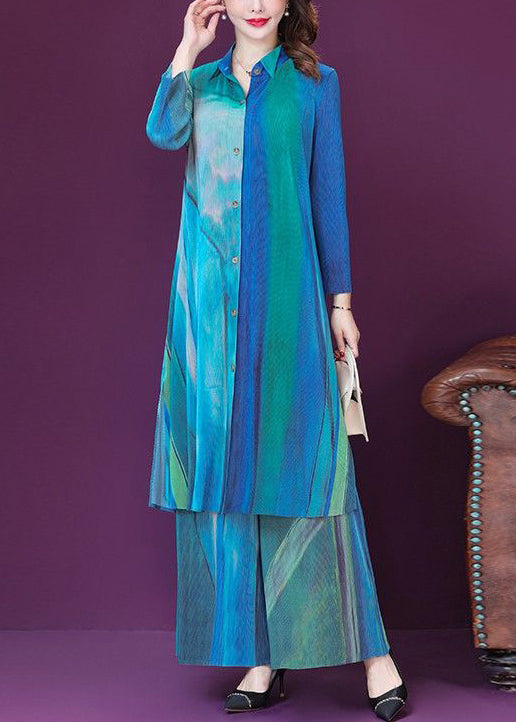 Blue Print Side Open Silk Long Shirt and Wide Leg Pants Two Pieces Set Spring