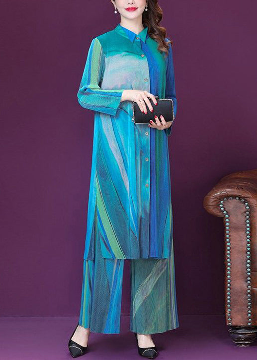 Blue Print Side Open Silk Long Shirt and Wide Leg Pants Two Pieces Set Spring