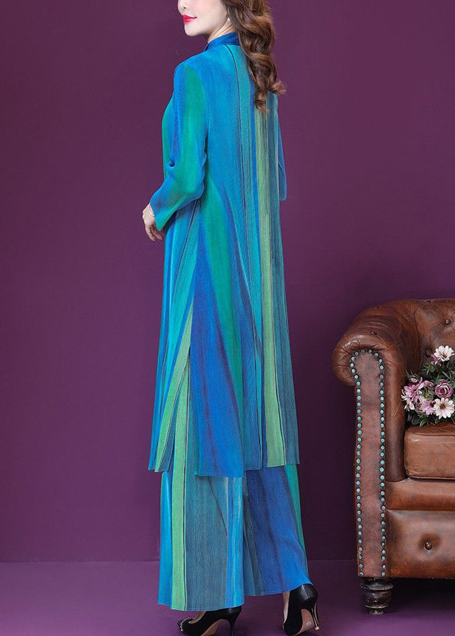 Blue Print Side Open Silk Long Shirt and Wide Leg Pants Two Pieces Set Spring