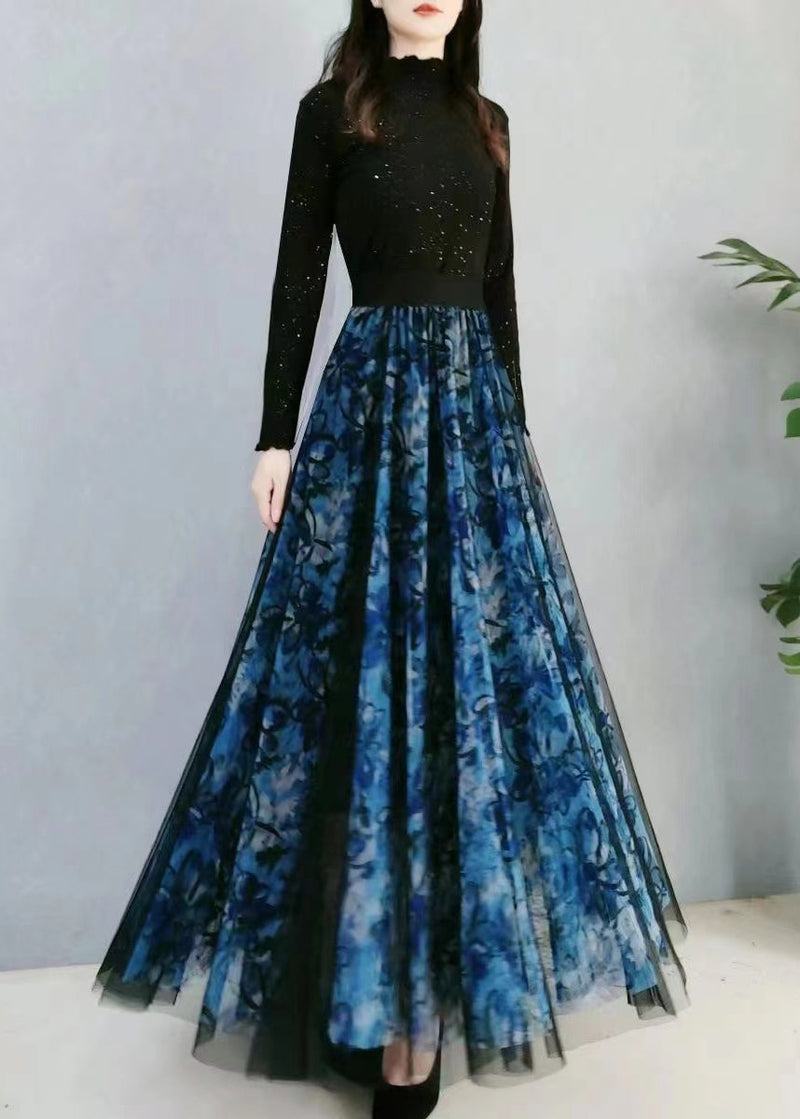 Blue Print Wrinkled High Waist Tulle Skirt Spring