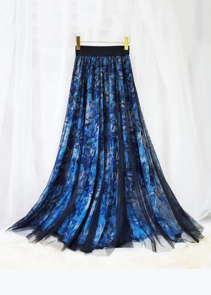 Blue Print Wrinkled High Waist Tulle Skirt Spring