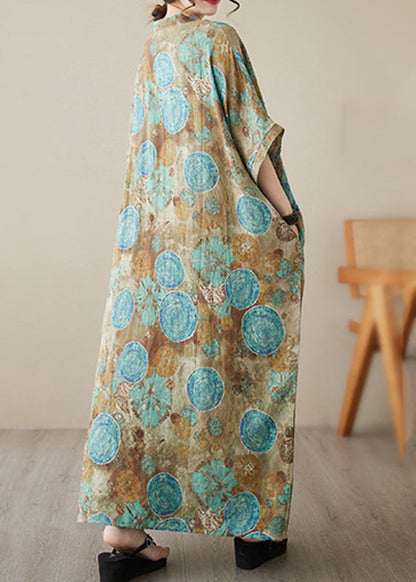 Blue Print Wrinkled Pockets Long Dresses Short Sleeve