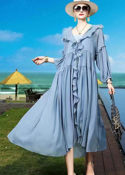 Blue Ruffled Asymmetrical Patchwork Silk Vacation Dresses Summer