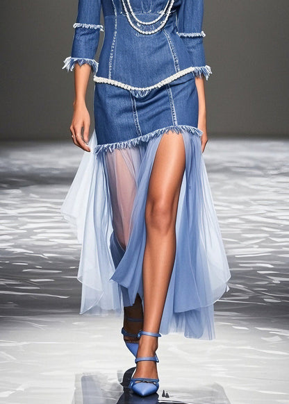 Blue Ruffled Patchwork Denim Dresses Summer