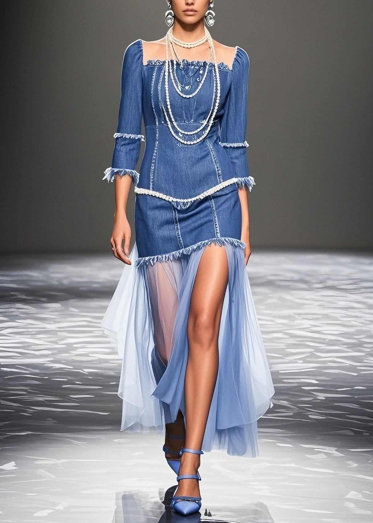 Blue Ruffled Patchwork Denim Dresses Summer