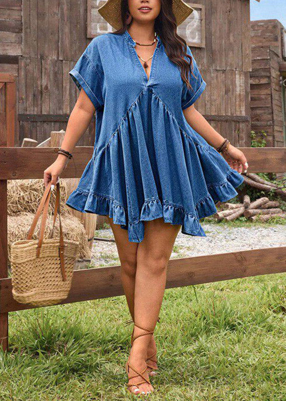 Blue Ruffled Patchwork Denim Mid Dress Short Sleeve