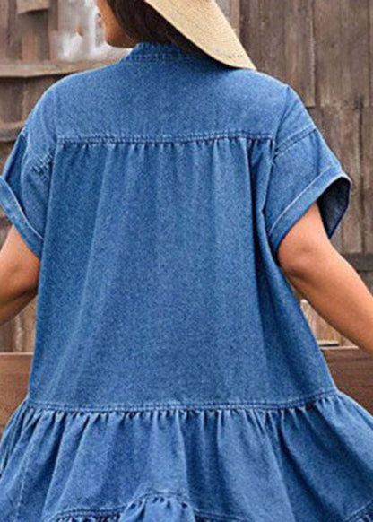 Blue Ruffled Patchwork Denim Mid Dress Short Sleeve
