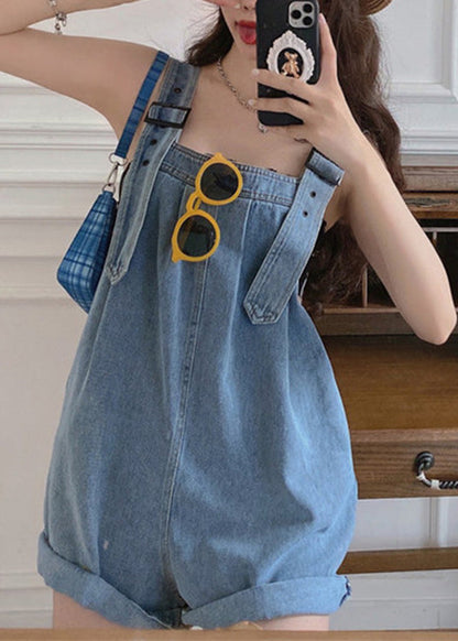 Blue Slash Neck Patchwork Button Jumpsuit Pants Summer