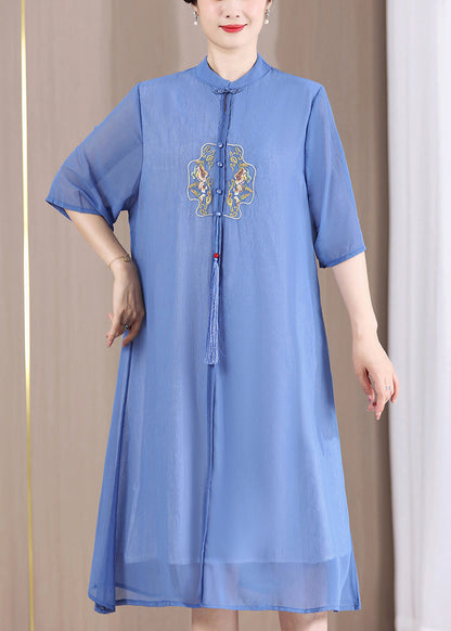 Blue Tasseled Button Patchwork Dresses Summer